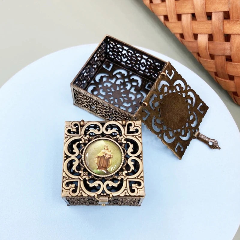 Rosary Bead Box Necklace Metal Christian Catholic Religious Jewelry Case Storage Dropship