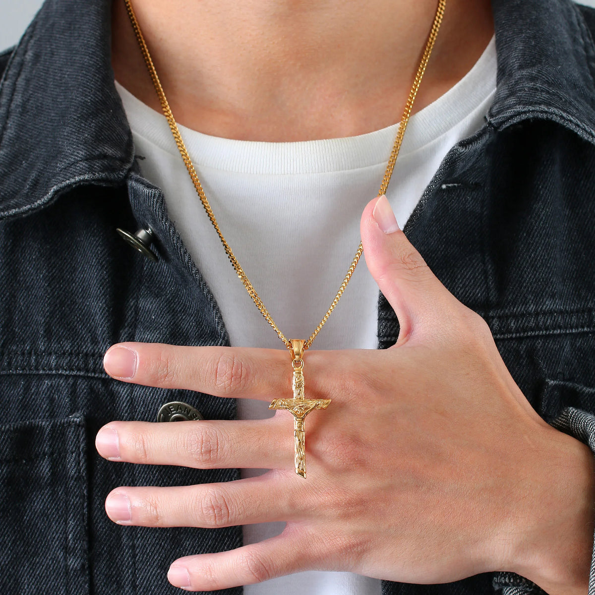 Stainless Steel Cross Necklace Catholicism Jesus Pendant Gold Color Collar Church Prayer Faith Jewelry for Men Women Gift