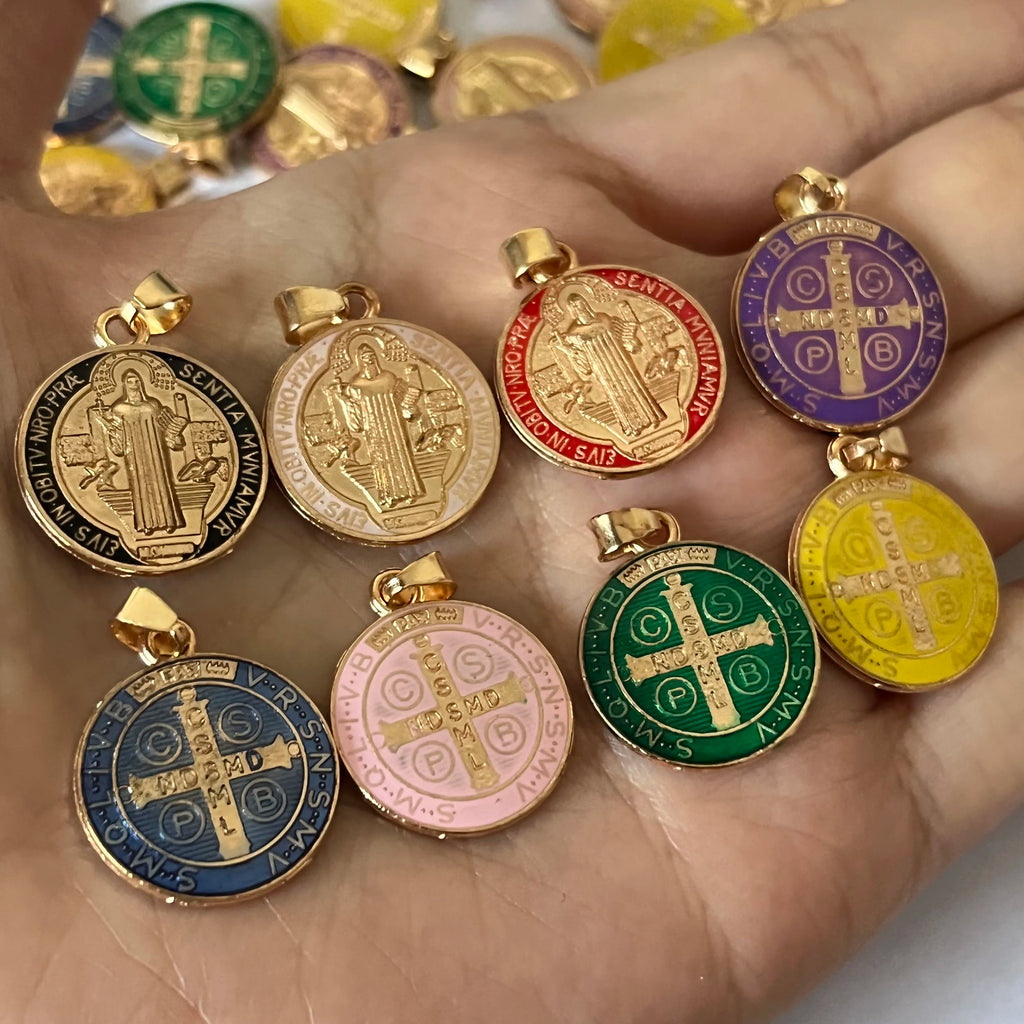 10 Pieces Religious Multicolor Saint Benedict Medal Catholic Gold Plated SB Medal Coin San Benito Gift