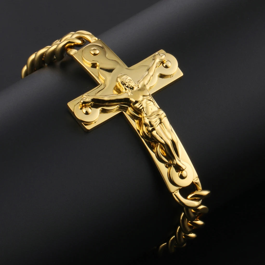Crucifix Jesus Cross Charm Bracelets Stainless Steel Cuff Bracelets for Men Metal Cuban Hand Chain Religious Male Punk Jewelry