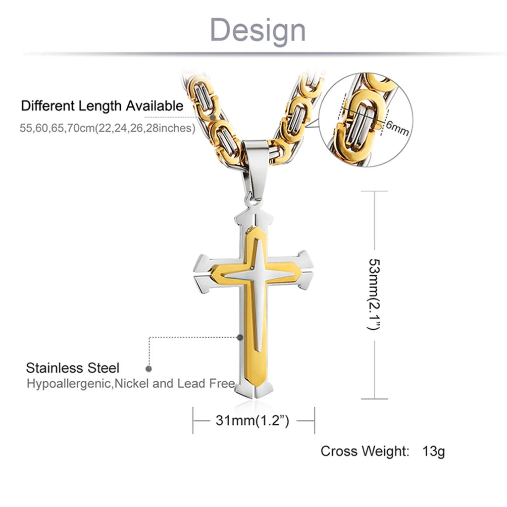 Three Layers Knight Cross Pendants Necklace for Men Stainless Steel Byzantine Link Chain Necklace Male Punk Jewelry Gift