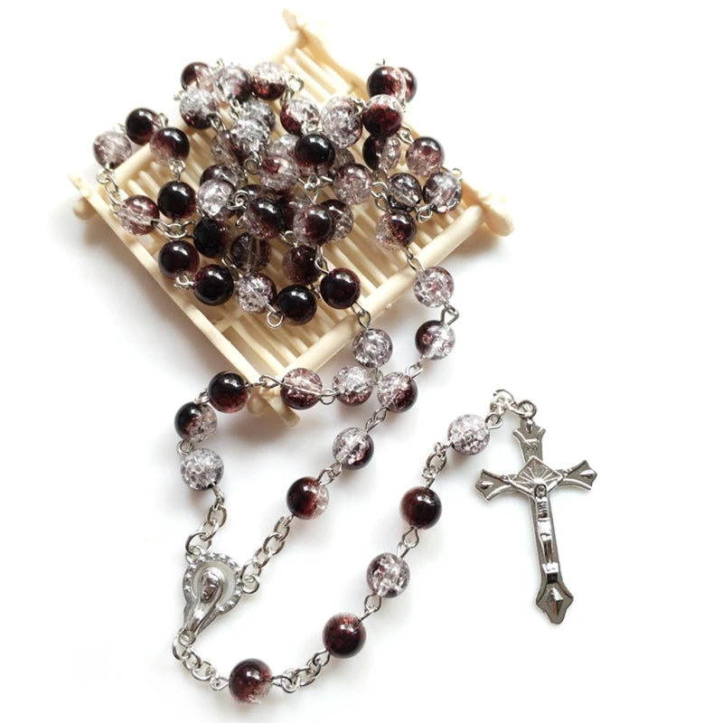 Rosary Glass Beads Catholic Necklace with Jesus Crucifix for Cross, First Communion Gifts, Confirmation Gifts for Te