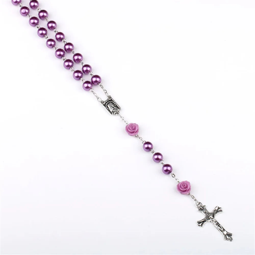 6MM Pink Rosary Necklace For Women Rose Glass Beads Chain Crucifix Cross INRI Pendant Men Religious Prayer Long Jewelry