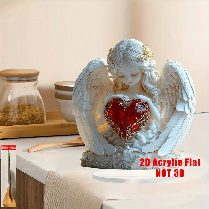 Red Heart Crystal Angel Sculpture Valentine's Day Gift Anniversary Home Office Bedroom Decor