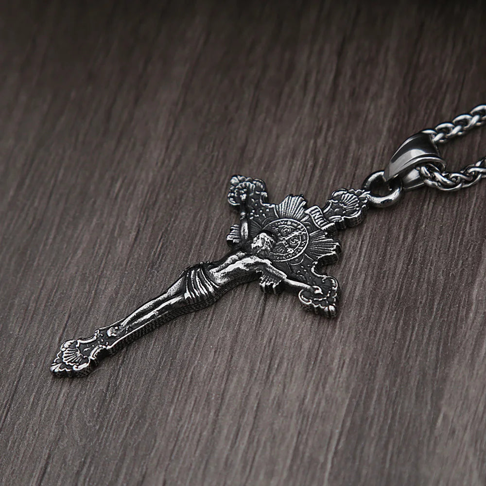 Vintage Stainless Steel Cross Necklace For Men Women Fashion Biker Catholic Cross Jesus Pendant Necklace Amulet Jewelry Gifts