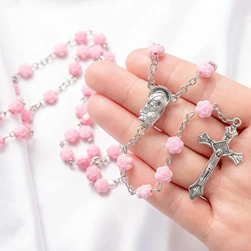 First Communion Rosary Set for Girls with Pink Rose Shaped Bead Pendant Necklace for Girls Catholic Gifts