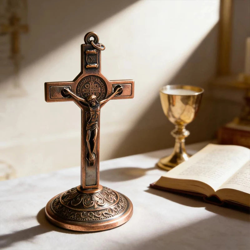 New Traditional Catholic Standing Cross St. Benedict Medal Inlay with Crucifix Premium Devotional Altar Decor for Church & Home