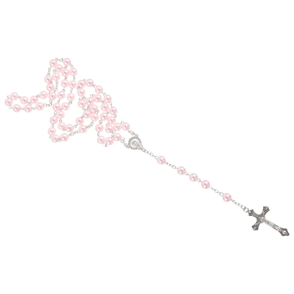 Love Rosary Catholic (Pink) 1pc Bead Necklaces Women Beaded Big Religious Cross Pendant