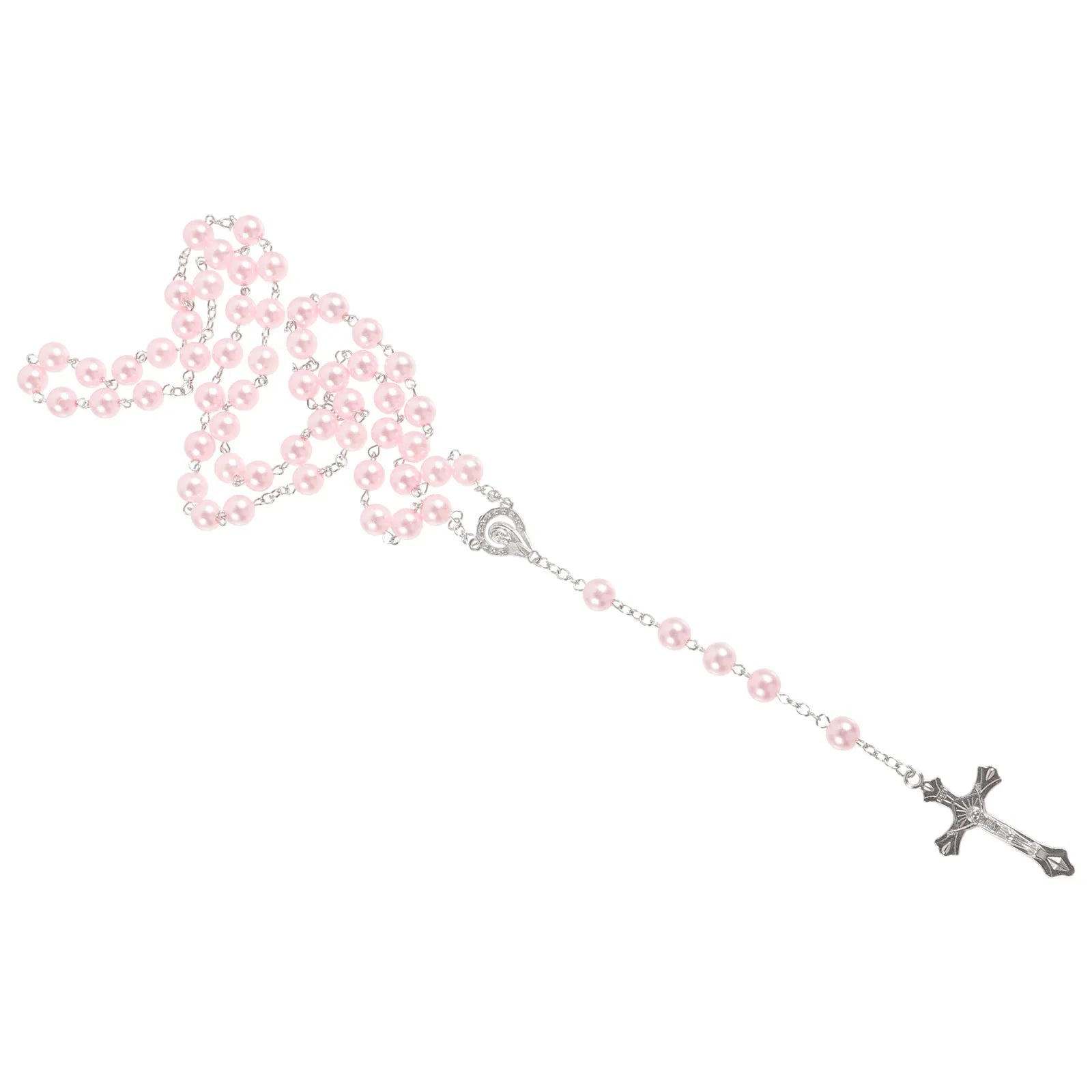 Love Rosary Catholic (Pink) 1pc Bead Necklaces Women Beaded Big Religious Cross Pendant
