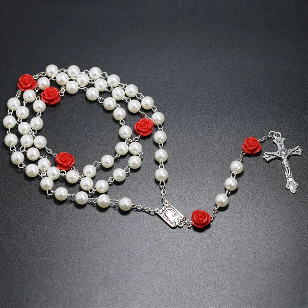 6MM Pink Rosary Necklace For Women Rose Glass Beads Chain Crucifix Cross INRI Pendant Men Religious Prayer Long Jewelry