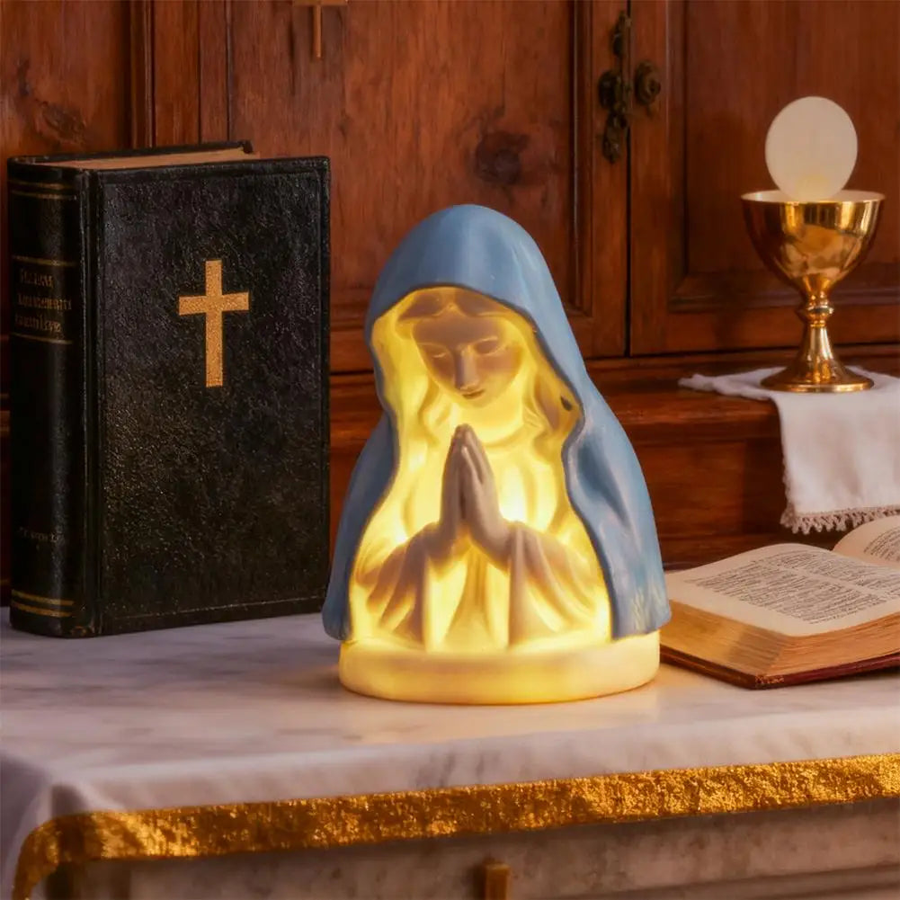 Virgin Mary Prayer Statue with Light, Christian Prayer Lamp for Home Christian Decor, Hand Painted Blessed Virgin Mary Statue