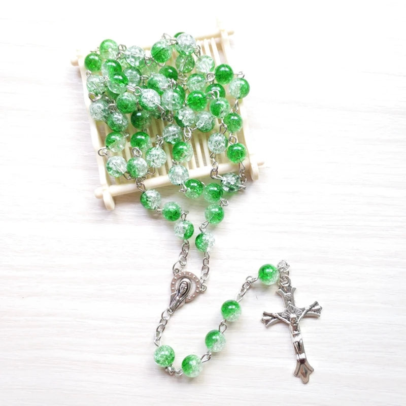 Rosary Glass Beads Catholic Necklace with Jesus Crucifix for Cross, First Communion Gifts, Confirmation Gifts for Te