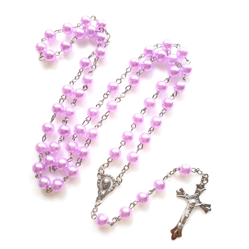 Rosary Glass Beads Catholic Necklace with Jesus Crucifix for Cross, First Communion Gifts, Confirmation Gifts for Te