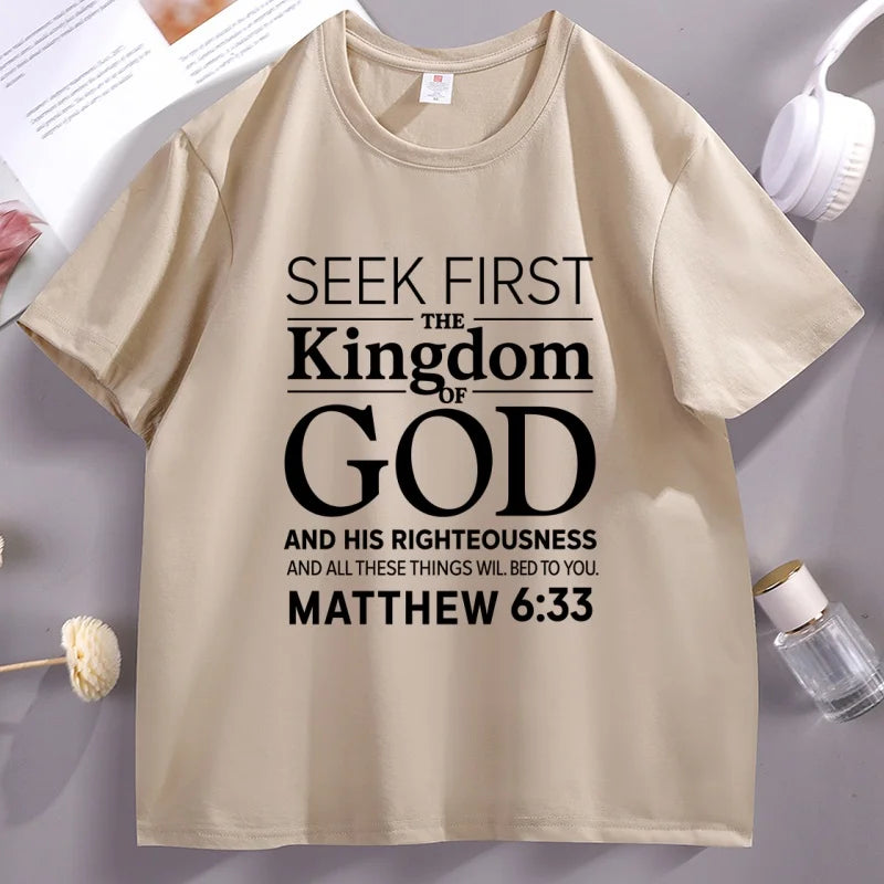 Christian Men T Shirt Bible Verse T-Shirt Christian Merch Cross Jesus Seek First The Kingdom Tshirt Casual Round Neck Clothes