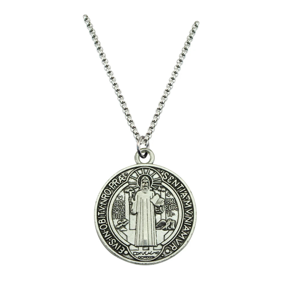 Classic Saint Benedict Medal Pendant Necklace Women Men Stainless Steel Bible Cross Necklace Christian Religious Jewelry