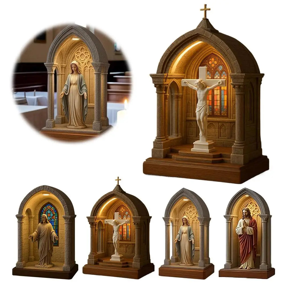 Jesus Statue Virgin Mary Resin Ornament 6" Figurine with Light Ideal Religious Gift for Baptisms Communions Wedding