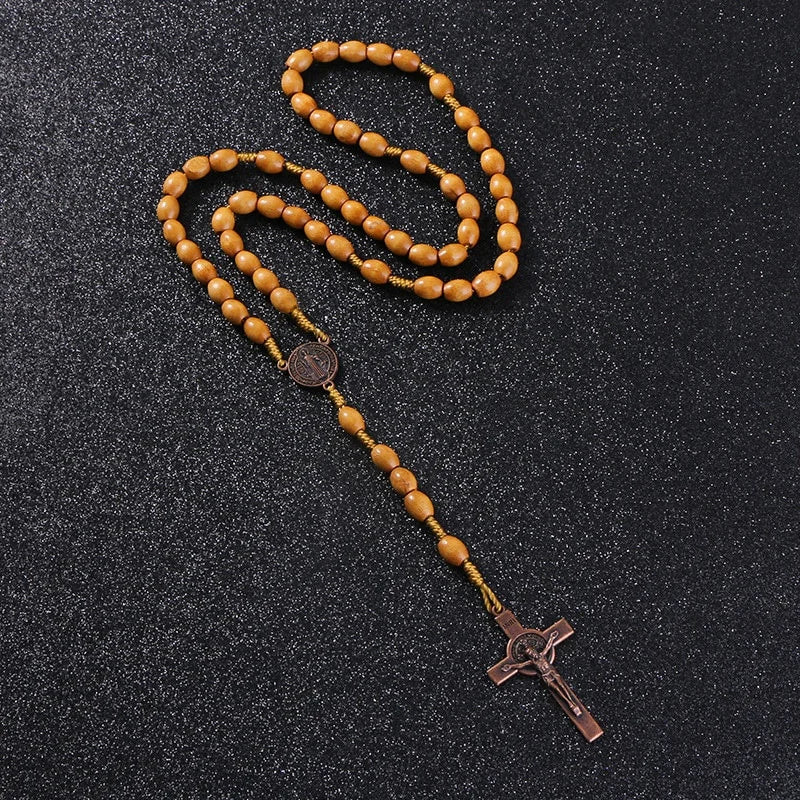 Handmade Weave Saint Benedict Medal Antique Wooden Rosary Cross Car Ornament Vintage Catholic Religious Jesus Auto Decor
