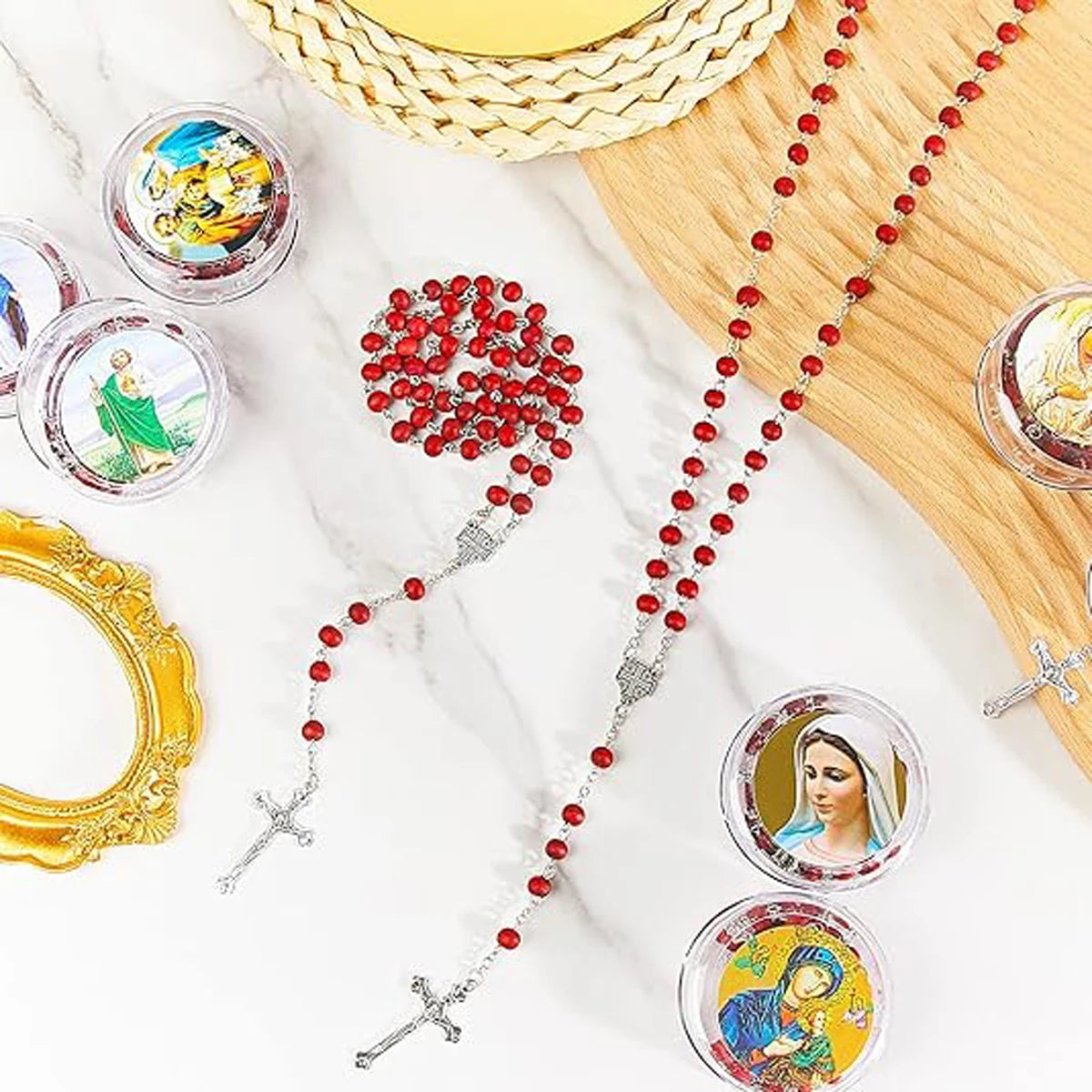 12 Pcs Catholic Rosaries Necklaces Wooden Beads  Religious Rosary Gifts Holy Rosaries with Gift Boxes for Prayer Men Women