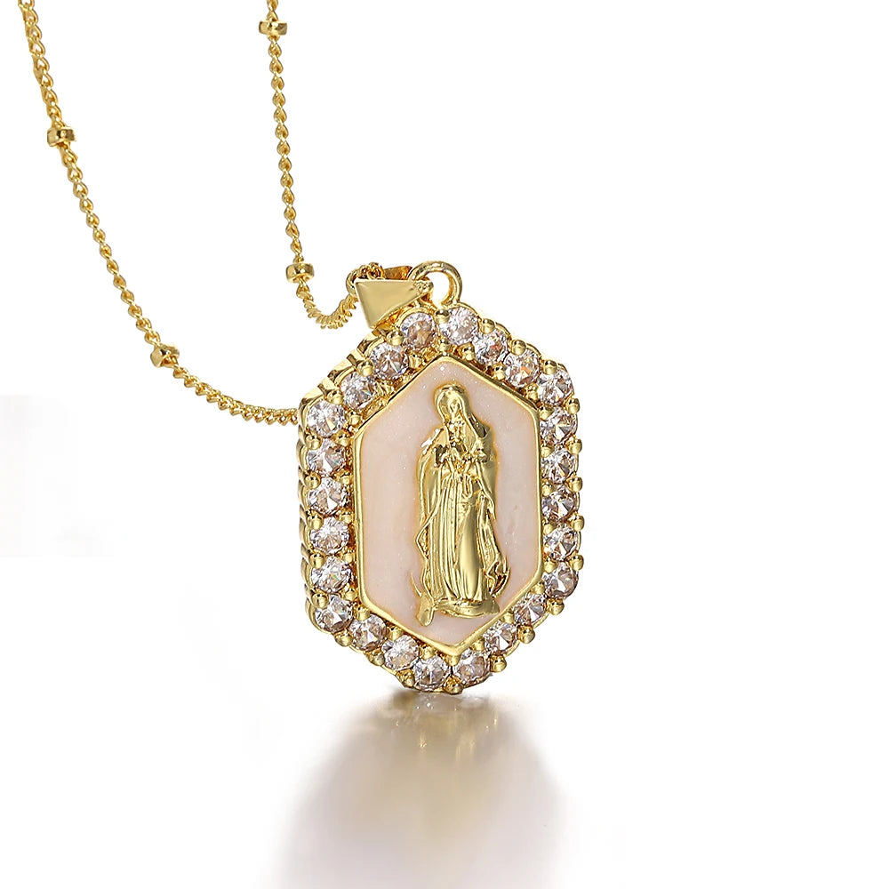 Religious Virgin Mary Medal Necklace for Women Men Rainbow Enamel Rhinestone Pendant Necklaces Catholic Christian Collar Jewelry