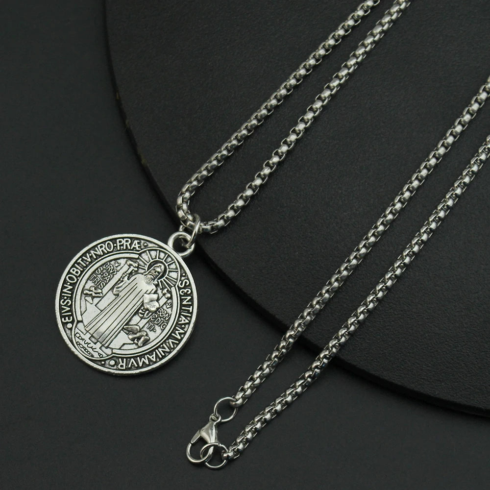 Classic Saint Benedict Medal Pendant Necklace Women Men Stainless Steel Bible Cross Necklace Christian Religious Jewelry