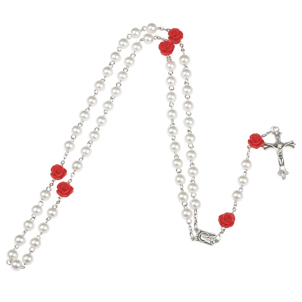 6MM Pink Rosary Necklace For Women Rose Glass Beads Chain Crucifix Cross INRI Pendant Men Religious Prayer Long Jewelry