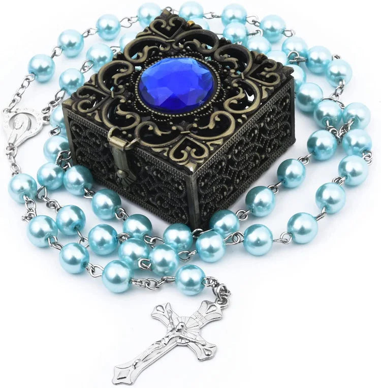 Rosary Beads Catholic Necklace Mary for Men Women Kids First Communion Long Rosary Cross Pendant Necklaces Metal Gift Box New