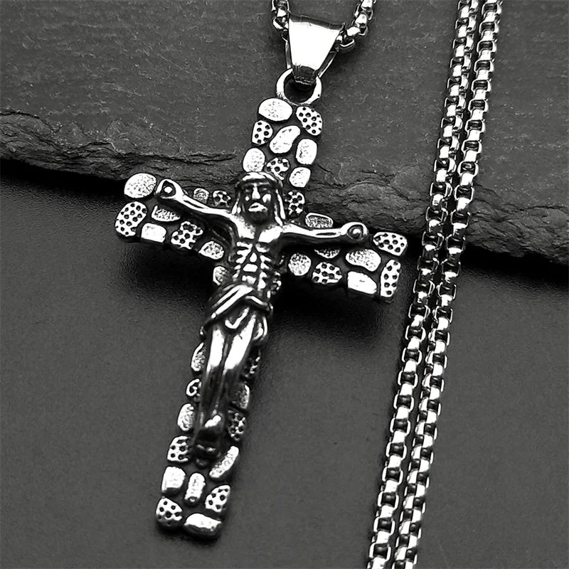 Stainless Steel Christian Jesus Crucifix Cross Pendants Necklaces for Men Women Gold Color Chain Amulet Jewelry