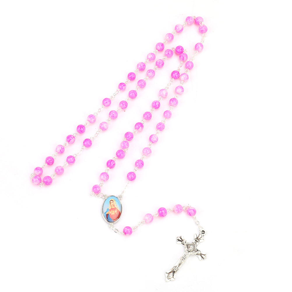Catholic Rosary Small Size Round Blue Glass Beads Virgin Mary Jesus Necklace