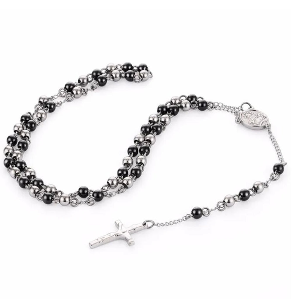 Stainless Steel Rosary Beads Crucifix Jesus Pendant Necklace Catholic Medalla Milagrosa Medal Center Necklace Women Men Jewelry