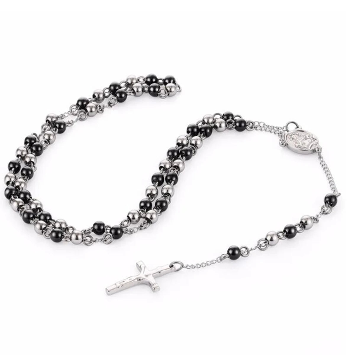 Stainless Steel Rosary Beads Crucifix Jesus Pendant Necklace Catholic Medalla Milagrosa Medal Center Necklace Women Men Jewelry