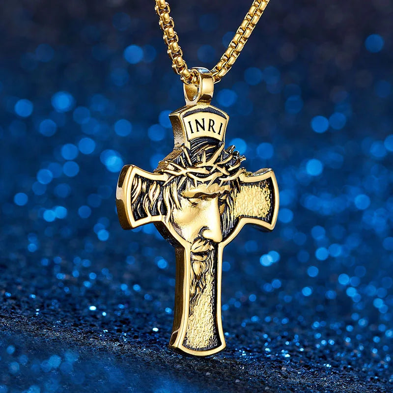 Stainless Steel Titanium Human Head Cross Jesus Hip Hop Pendant Collar Chains Necklace for Women Men Gift Fashion Jewel