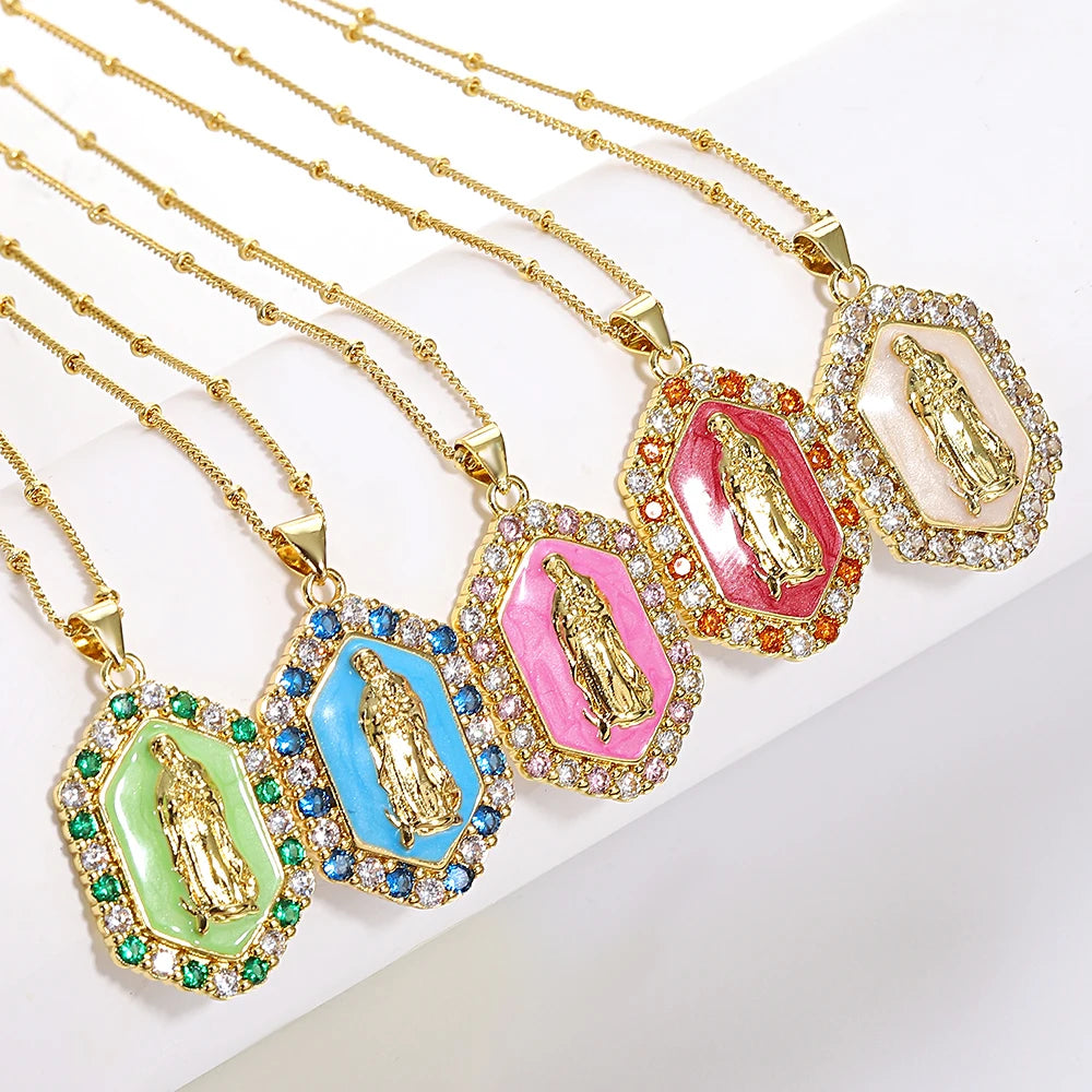 Religious Virgin Mary Medal Necklace for Women Men Rainbow Enamel Rhinestone Pendant Necklaces Catholic Christian Collar Jewelry