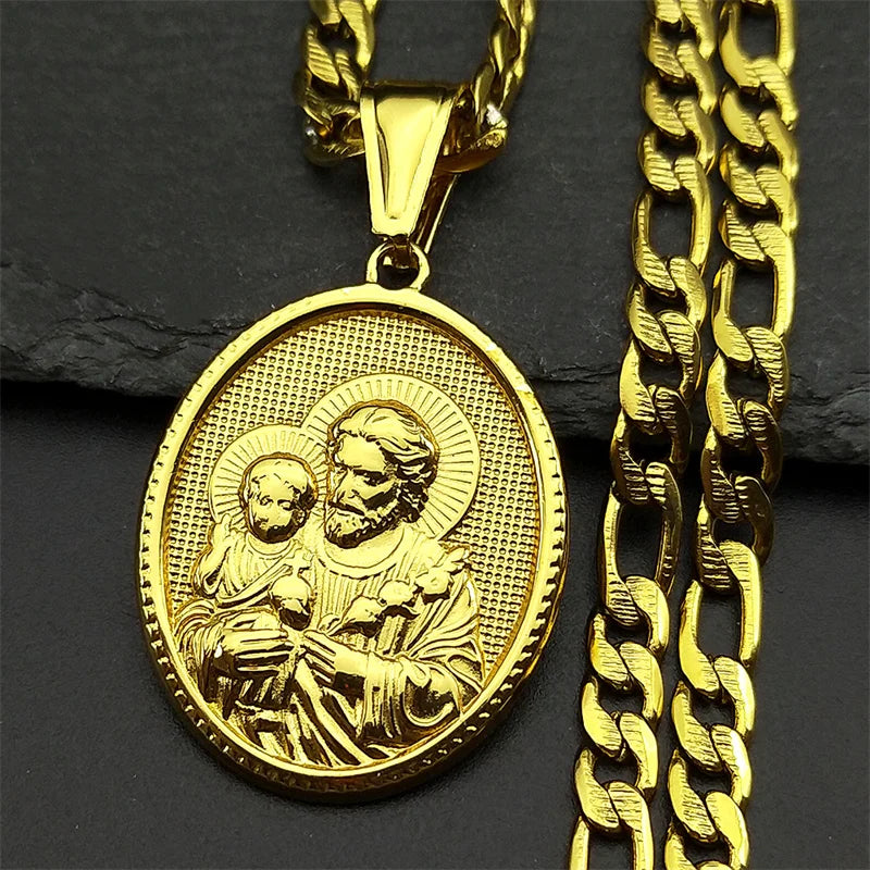 Jesus Crown of thorns Men's Necklace Stainless Steel Gold Color Chain Crucifix Medal Male Neckalces Religious Jewelry NZZ460S05
