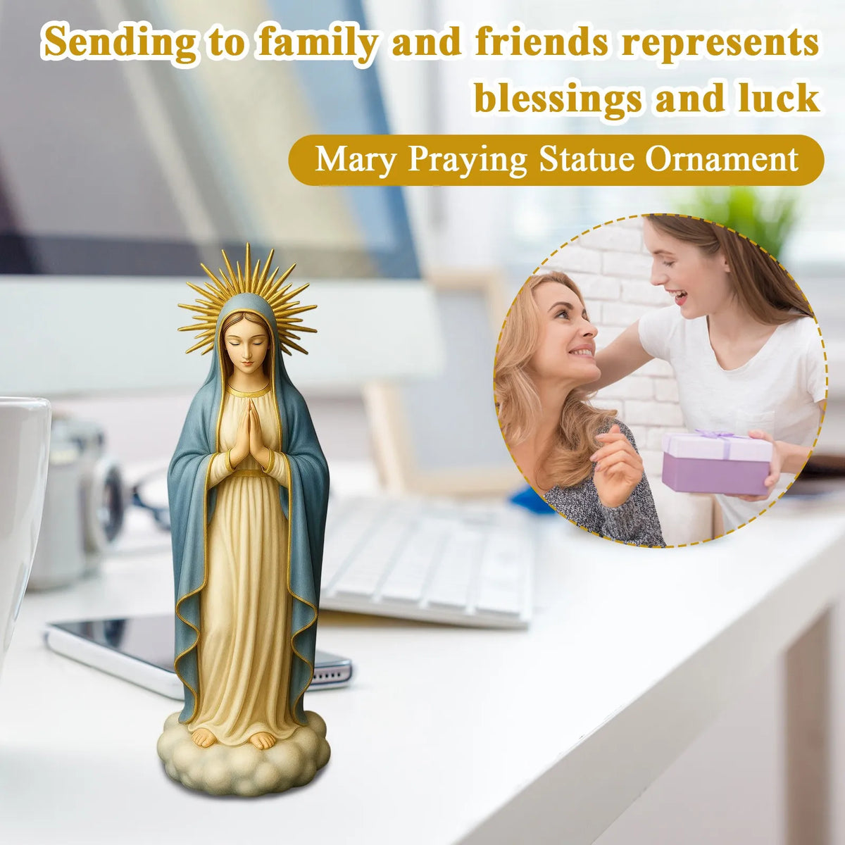 Virgin Mary Statue Religious Desktop Statue Resin Decorative Sculpture for Bookshelf Coffee Table Nightstand Bedside Display