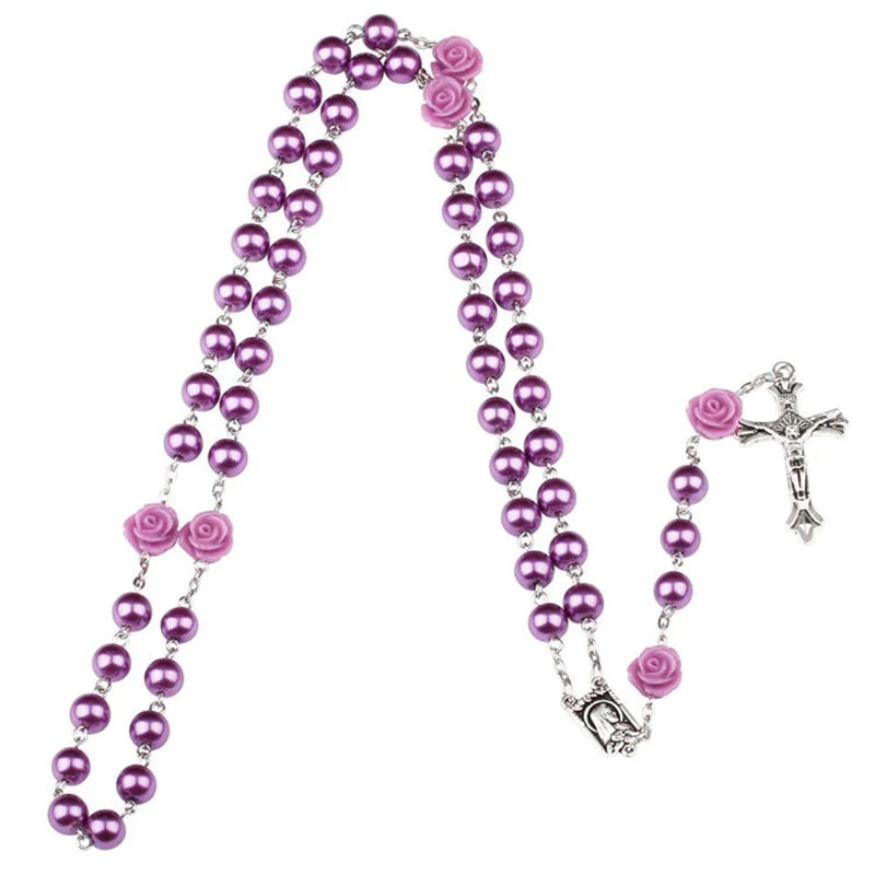 Catholic Purple Glass Beads Rosary Necklace For Women INRI Cross Crucifix Pendant Rose Chain Fashion Religion Jewelry