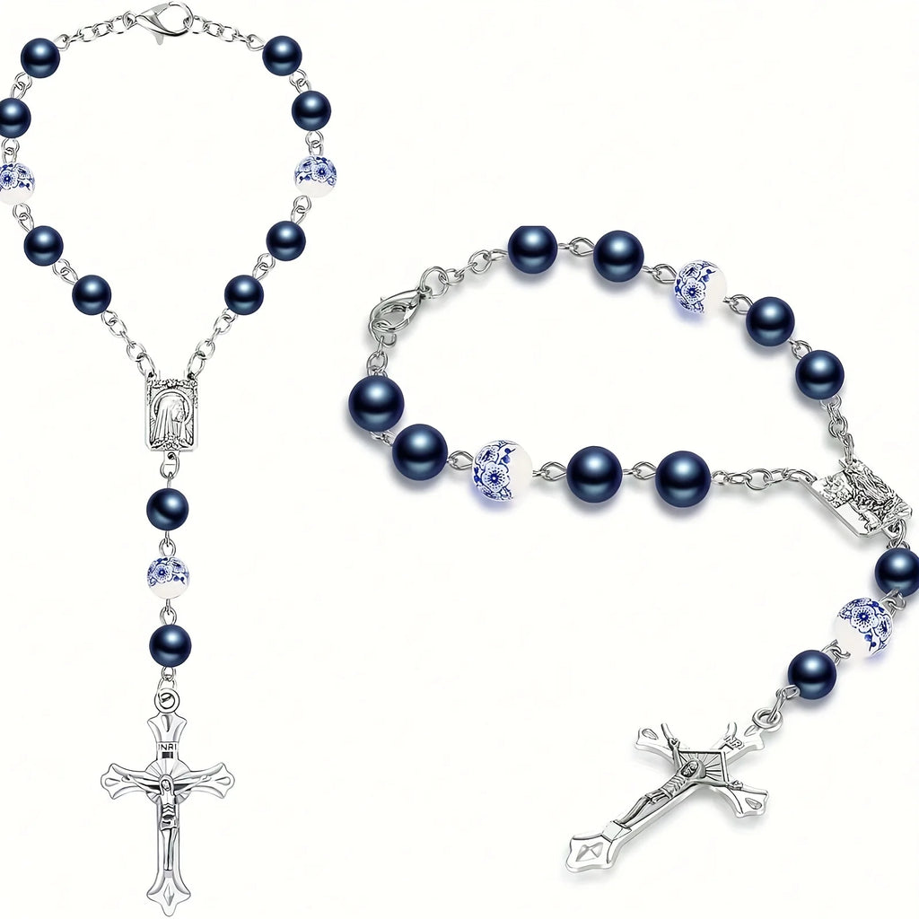 1pc ABS Car Rosary with Mirror, Rearview Mirror Beads, Rose Medal, Catholic Prayer Beads, Interior Decor, Cross Hanging Accessor