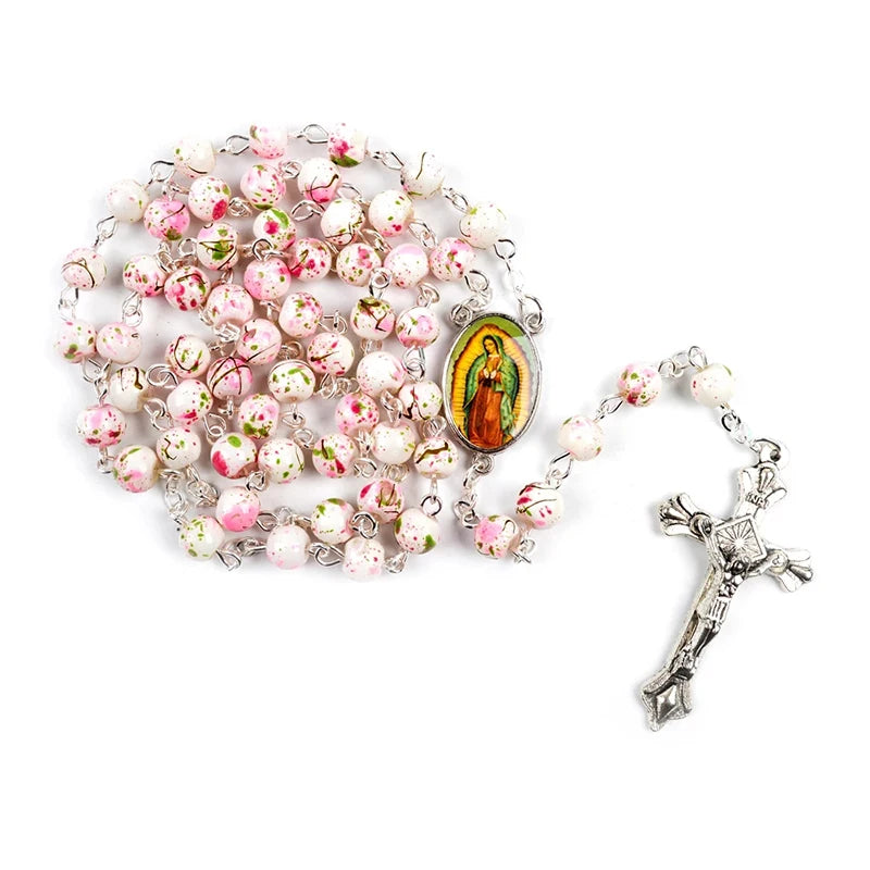Catholic Rosary Small Size Round Blue Glass Beads Virgin Mary Jesus Necklace