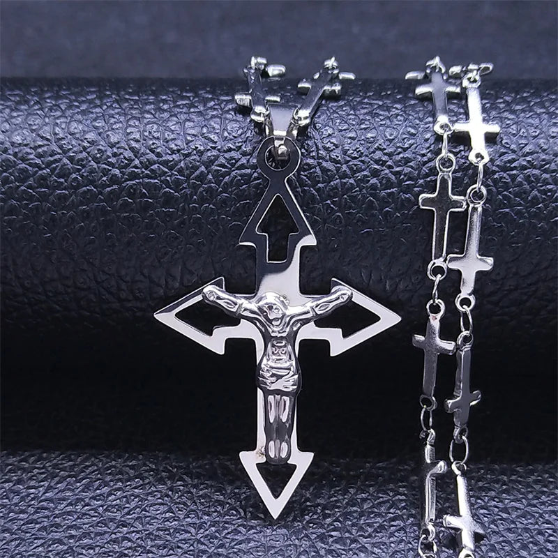 Christian Cross Jesus Stainless Steel Necklace for Women/Men Gold Color Crucifi