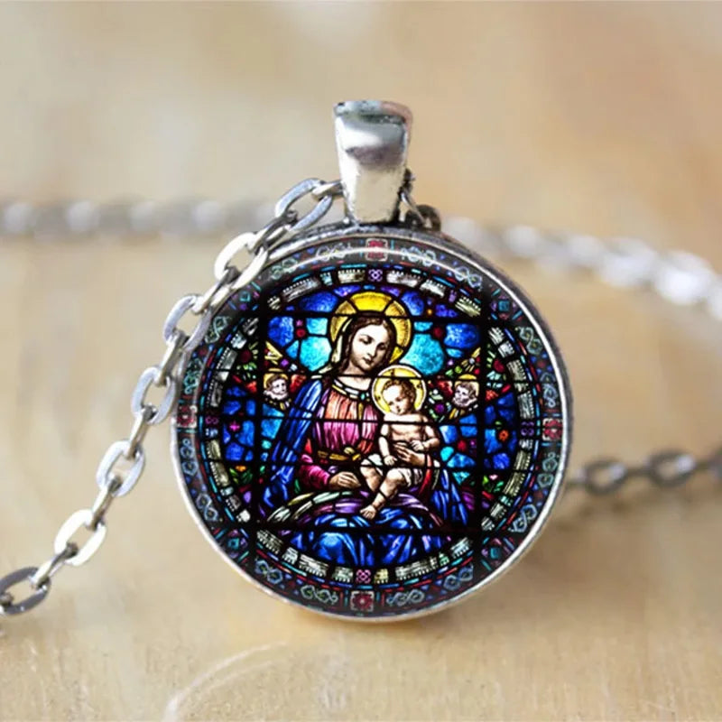 The Holy Family Glass Pendant Necklace Catholic Saint Joseph Virgin Mary Jesus Necklace Jewelry Christmas Gifts