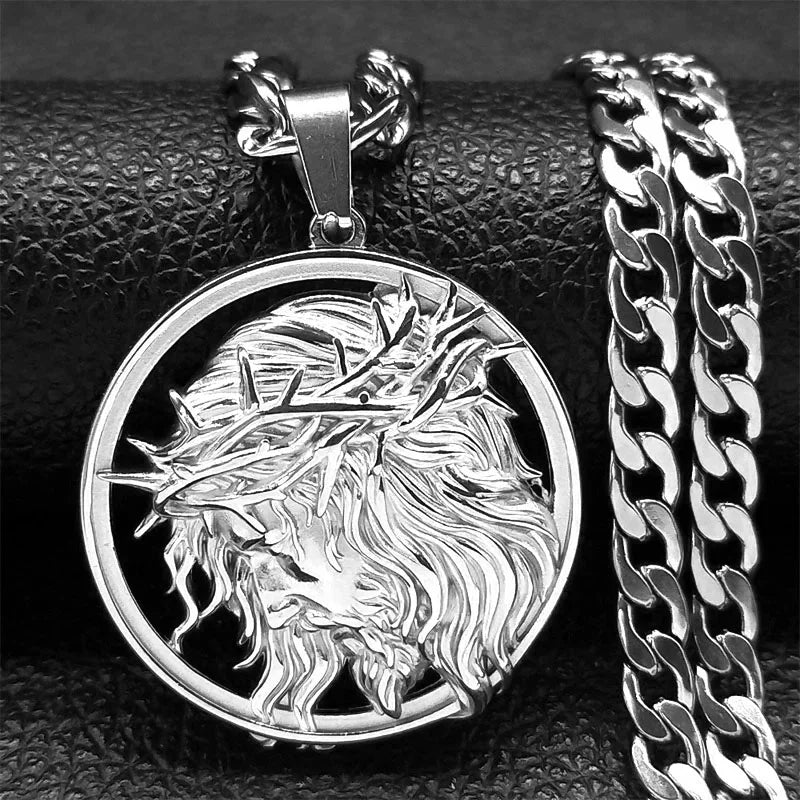 Jesus Crown of thorns Men's Necklace Stainless Steel Gold Color Chain Crucifix Medal Male Neckalces Religious Jewelry NZZ460S05