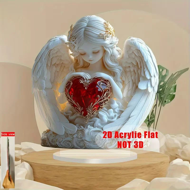 Red Heart Crystal Angel Sculpture Valentine's Day Gift Anniversary Home Office Bedroom Decor