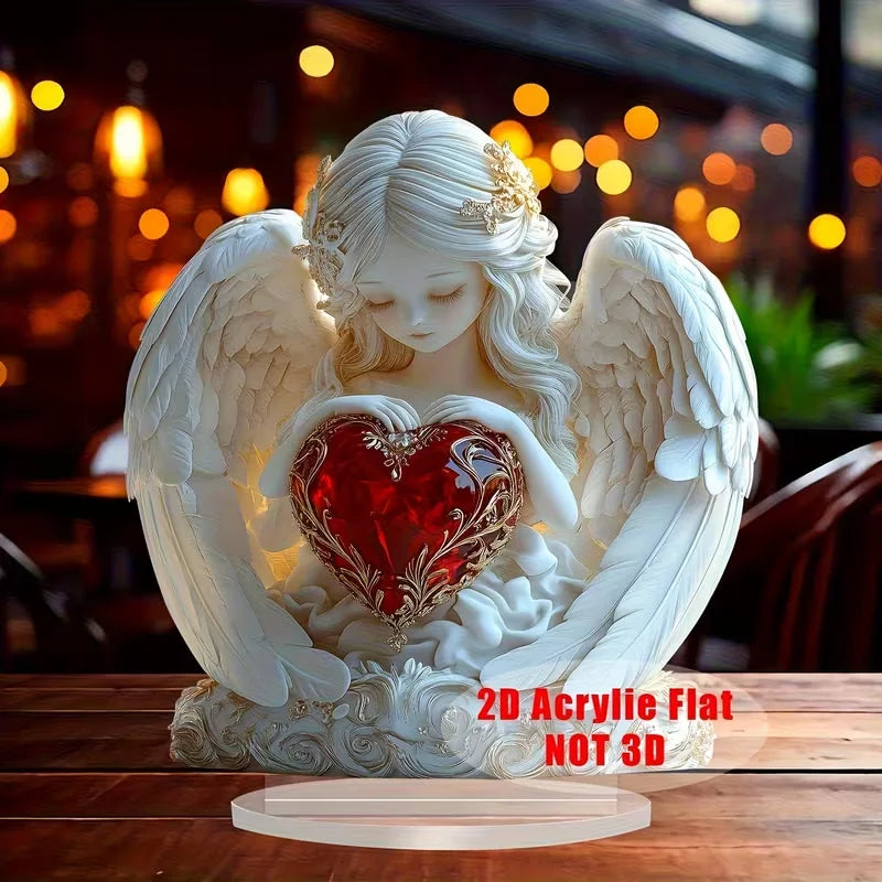 Red Heart Crystal Angel Sculpture Valentine's Day Gift Anniversary Home Office Bedroom Decor