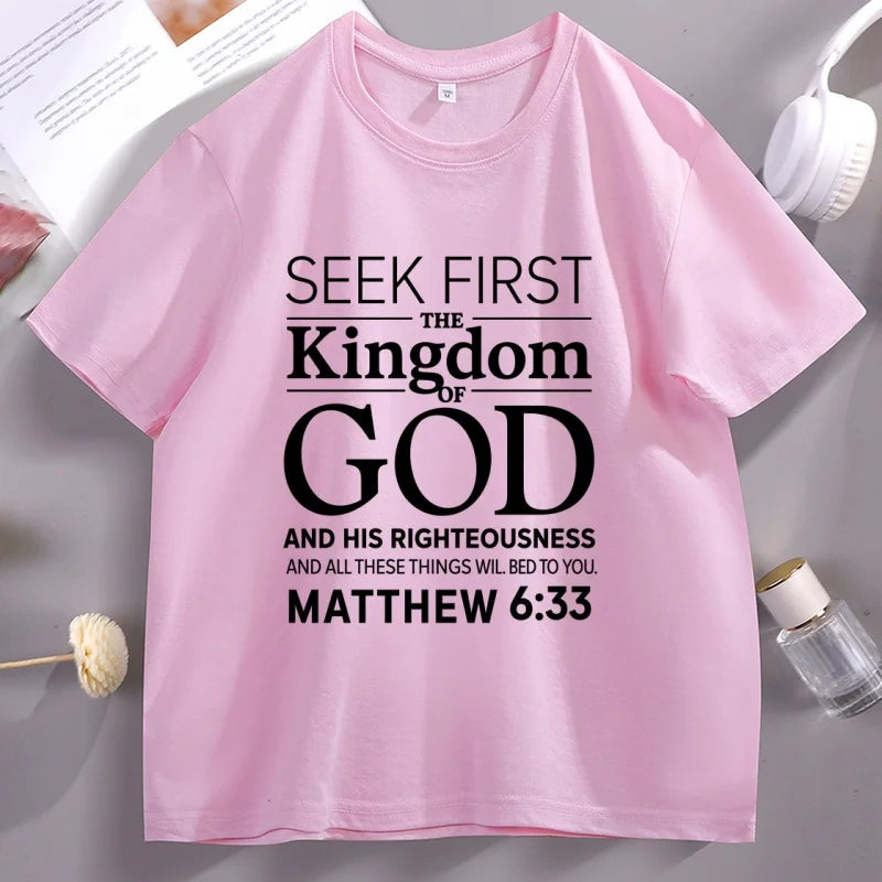 Christian Men T Shirt Bible Verse T-Shirt Christian Merch Cross Jesus Seek First The Kingdom Tshirt Casual Round Neck Clothes