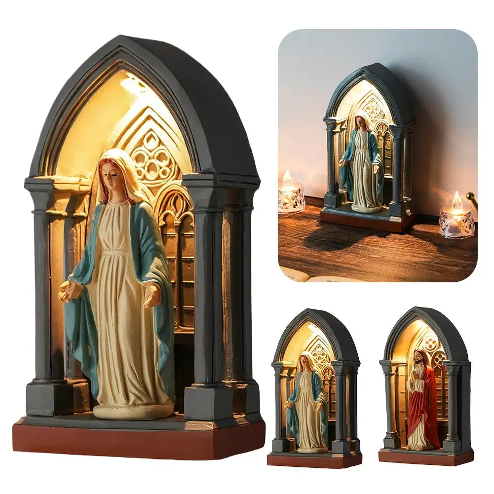 Jesus Statue Virgin Mary Resin Ornament 6" Figurine with Light Ideal Religious Gift for Baptisms Communions Wedding