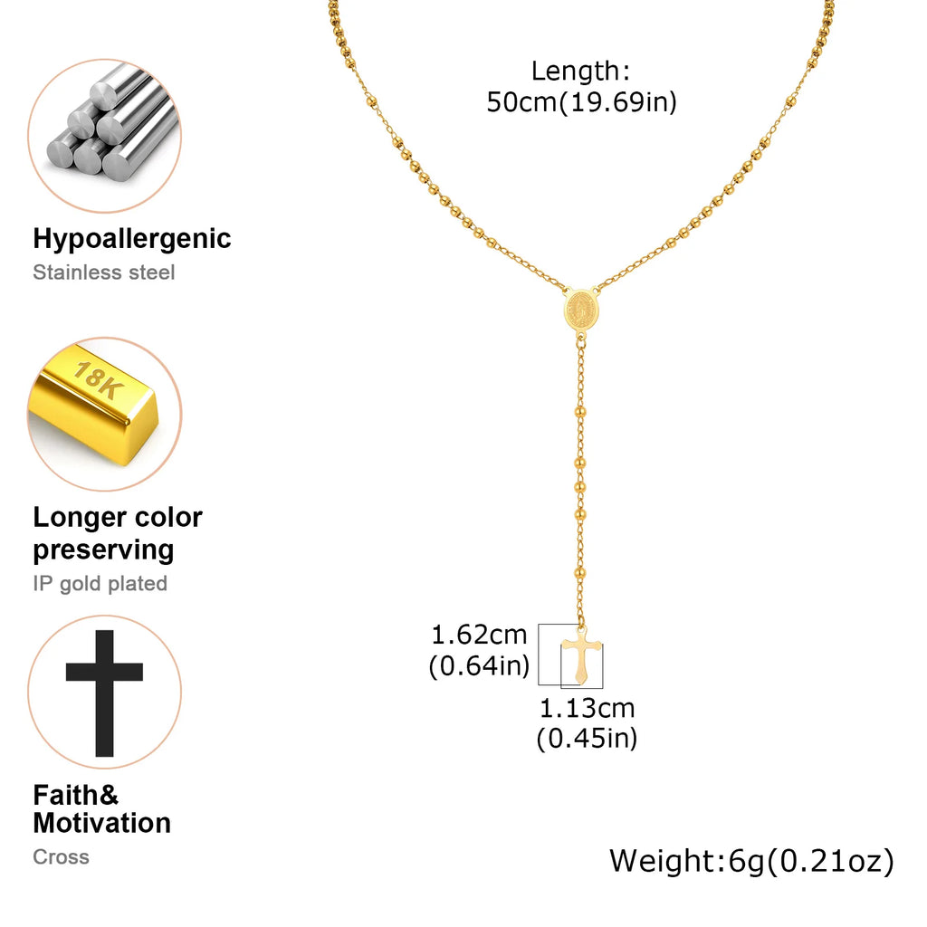 Rosary Virgin Cross Drop Y-shaped Necklace for Women,Stainless Steel Link Bead Chain Prayer Necklaces,Mary Jewelry Gift