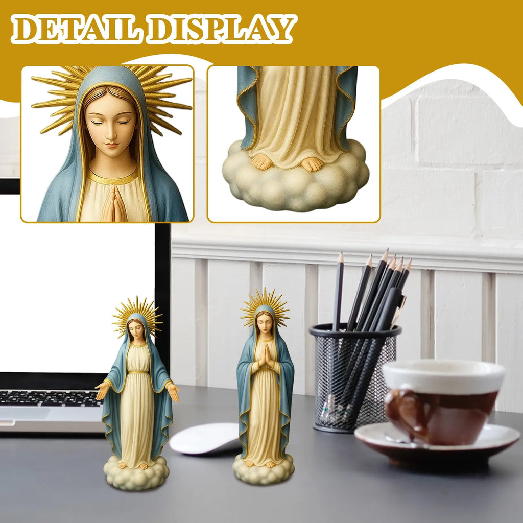 Virgin Mary Statue Religious Desktop Statue Resin Decorative Sculpture for Bookshelf Coffee Table Nightstand Bedside Display