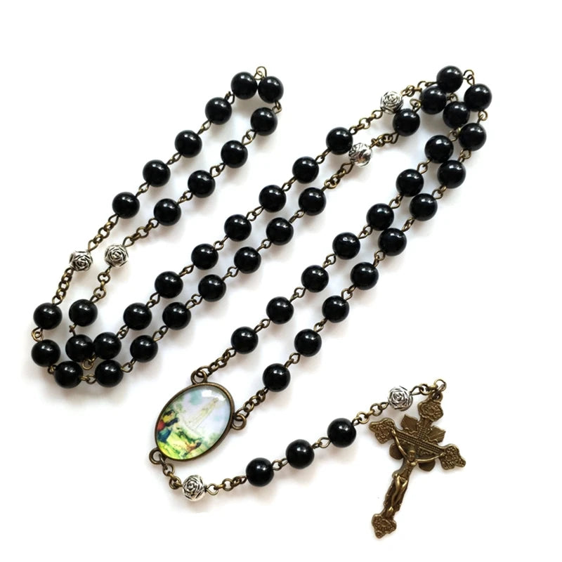 Rosary Glass Beads Catholic Necklace with Jesus Crucifix for Cross, First Communion Gifts, Confirmation Gifts for Te