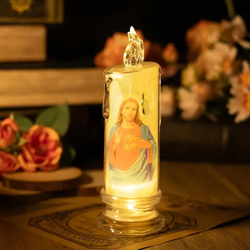 Jesus Virgin Christ Candle Lamp Romantic Flameless LED Prayer Candle Tea Light Religious Decorative Night Light Desktop Ornament