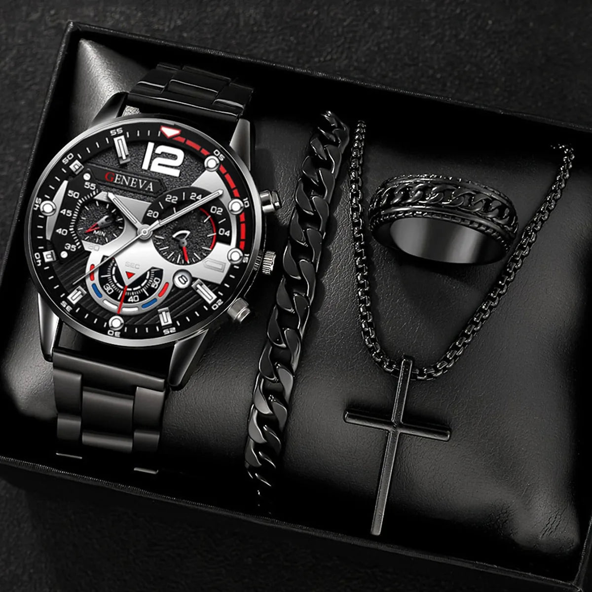 4pc  A fashionable men's watch set, paired with a cross necklace, ring, and bracelet, is the perfect gift for Valentine's Day.