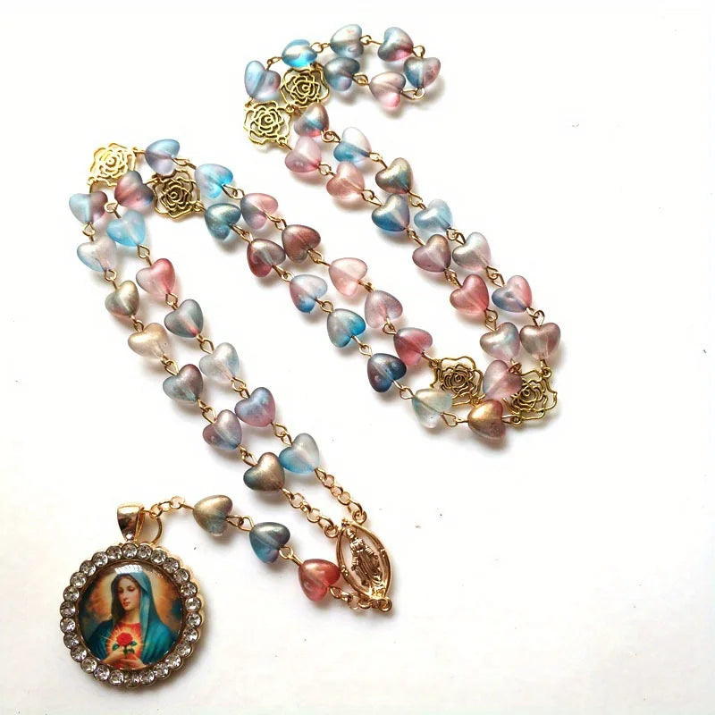 Catholic Rosary Mary Blessing Rosary Prayer Necklace with Amulet Virgin Mary for Cross Pendant Rosary Wall Mounted Necklace